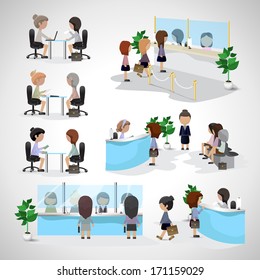 Business Women - Isolated On Gray Background - Vector Illustration, Graphic Design Editable For Your Design. Women In A Bank. Women Waiting In Line. Women In Office. Business Concept