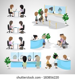 Business Women - Isolated On Gray Background - Vector Illustration, Graphic Design Editable For Your Design. Women In A Bank. Women Waiting In Line. Women In Office. Business Concept