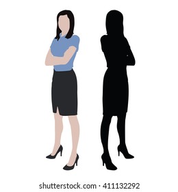 Business women, isolated vector silhouette and illustration. Standing woman standing with folded arms, dark skirt, high heels