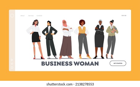 Business Women Landing Page Template. Diverse Female Characters Stand in Row. Confident Caucasian, African, Asian or Arab Ethnicity Girls Wear Formal Clothes. Cartoon People Vector Illustration