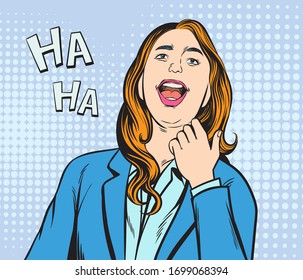 Business women laugh happily. Pop art retro hand drawn style vector design illustrations.