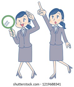 Business women are looking for something with magnifying glass and pointing obliquely upward.