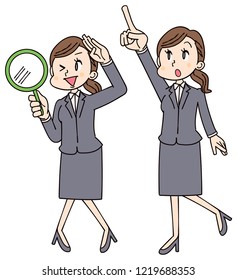 Business women are looking for something with magnifying glass and pointing obliquely upward.