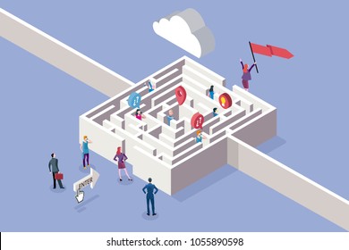 Business Women and Maze Concept. 
A group of business people try to orient themselves in the labyrinth and find the exit. Only one woman gets success.
