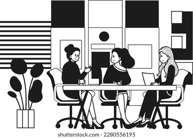 business women meeting in conference room illustration in doodle style isolated on background