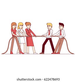 Business women and men teams in a tug of war competition. Metaphor of teamwork and determination. Modern flat style thin line vector illustration isolated on white background.
