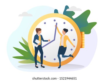 Business women moving clock hands ahead. Colleagues standing at clock, showing thumb up. Time management concept. Vector illustration for posters, presentation slides, landing pages