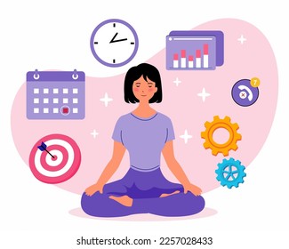 Business women practicing stress relief lotus pose, mindfulness meditation, Multitasking, time management and productivity concept.