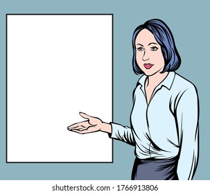 Business women present whiteboard blank.  Pop art hand drawn style vector design illustration