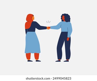 Business women respectfully shake each other's hands. Handshake between muslim and black females. Two girls hold hands. Teamwork and corporate communication. Vector illustration