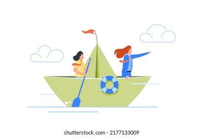 Business Women Sailing On Paper Boat. Business Team Overcomes Difficulties And Risks. Visionary Leading Team, Teamwork, Way to Success, Searching For Business Idea Concept. Cartoon Vector Illustration