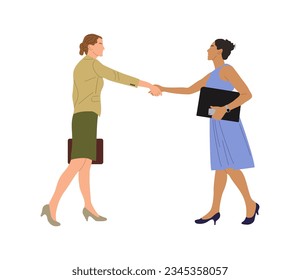 Business women shaking hands. Agreement, trust, cooperation concept. Greeting gesture, handshake of two young pretty businesswomen. Vector realistic illustration isolated on white background