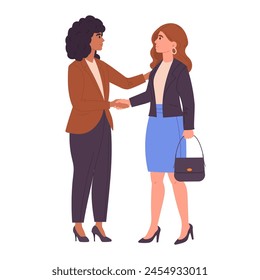 Mujeres de negocios dándose la mano. Apretón de manos de personajes de oficina, Acuerdo de señoras ocupadas o gesto de saludo, escena de apretón de manos de negocios Ilustración vectorial plana. Compañeras dándose la mano