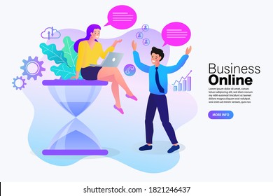 Business women sit on the hourglass Business people chatting through the internet. Vector illustration.