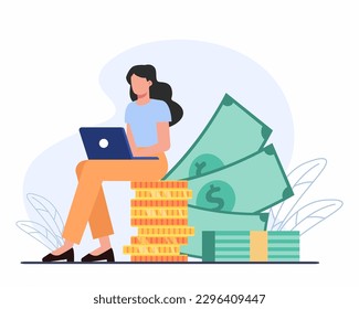 Business women sitting on stack of coins. and Calculate Financia profit and loss concept of Investment and Analysis Money Profits.