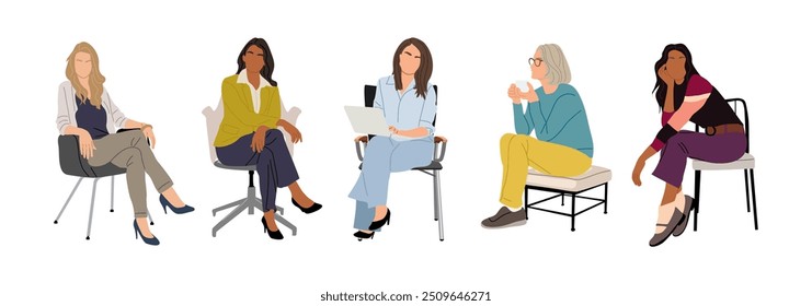 Mulheres de negócios sentadas, participando de reunião, evento de negócios. Conjunto de diferentes personagens femininas em traje de escritório inteligente moderno. Coleção de ilustrações vetoriais isoladas sobre fundo branco