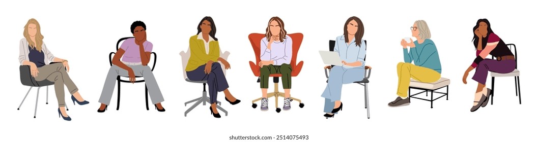 Mulheres de negócios sentadas, participando de reunião, evento de negócios. Conjunto de diferentes personagens femininas em traje de escritório inteligente moderno. Coleção de ilustrações vetoriais isoladas sobre fundo branco