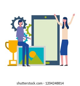 business women smartphone trophy success