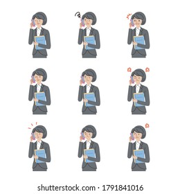 Business: Women, smartphones, facial expressions, variation set(stroke&Fill)