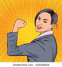 Business women smile confidently and raise their fist. retro vector illustration comic