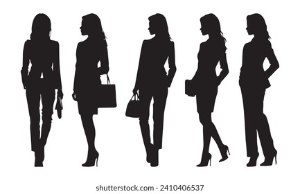 mujeres de negocios de pie posa Silhouette. Silueta vectorial de mujer de negocios aislada en fondo blanco