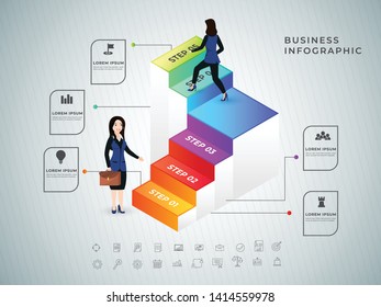 Business women in Business Suits Climb Up 3D Columns. Successful Execution Functions Assigned to Employees Expand Powers concept for Business Infographic.