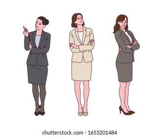 Business women in suits stand in stately pose hand drawn style vector design illustrations. 