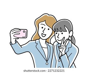 The business women taking selfie with a smartphone isolated on white background