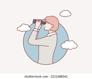 Mujeres de negocios que usan telescopio buscando éxito. Ilustraciones de diseño vectorial de estilo dibujado a mano.