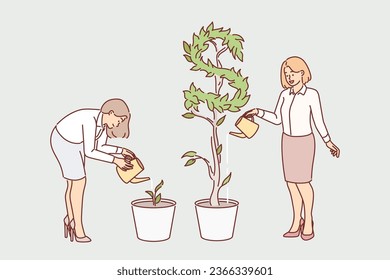 Business women watering plants getting different results in form of cash profit and dividends from investments. Tree in form of dollar grows out of flower pot thanks to investments