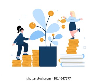 Business women watering pot with money tree, flat cartoon vector illustration isolated on white background. Business success and successful investments metaphor.