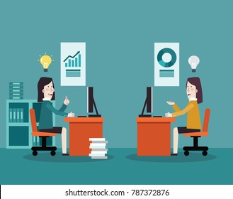 Business women working in office at computer. Concept of business competition