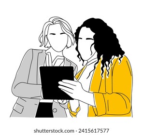 Business women working together at digital tablet.