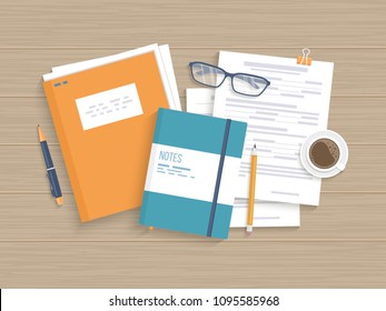 Business wooden table with documents, forms, papers folder, pen, pencil, coffee. Work, workplace, analysis, research, planning, management. Vector illustration, top view