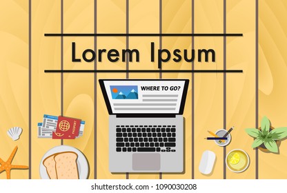 Business wooden table with laptop,bread,passport and plane ticket,lemon tea,starfish,seashell,plant,pencil on the table with copy space for your text