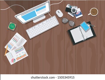 Business wooden table with tablet and coffee. at workplace,  Vector illustration, top view