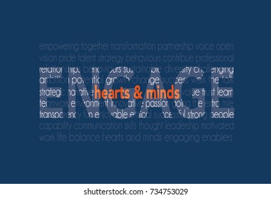 Business Word cloud about engaging hearts and minds word lettering typography on a navy background