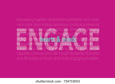 Business Word cloud about engaging hearts and minds word lettering typography on a fuchsia pink background