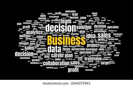 Business Word Cloud with Keywords Like Decision, Sales, and Data on Black Background