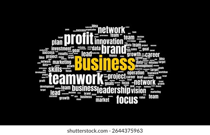 Business Word Cloud with Keywords Like Decision, Sales, and Data on Black Background
