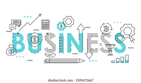 Business word colorful lettering flat vector illustration. Creative typography with gears, calculator, pencil, money bag linear icons. Grey and blue letters isolated on white background.