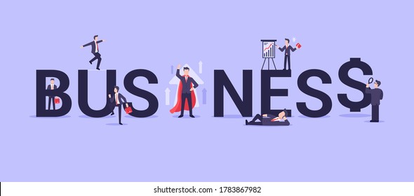 Business Word Lettering Concept. Profit, Search, Decision, Risk, Success, Dreams In Business. Men In Business Suits Are Doing Business And Looking To Improve. Web Banner. Modern Vector Flat Style.