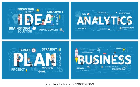 Business word set. Idea, analytics and plan. Idea of teamwork and brainstorm. Management and marketing. Vector flat illustration