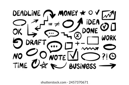 Business words, presentation icons collection. Hand drawn marker, brush doodle elements. Vector illustrations