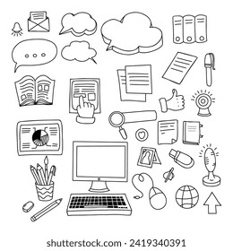 Business, work and communication. Collection linear hand doodles. Isolated vector drawings on white background