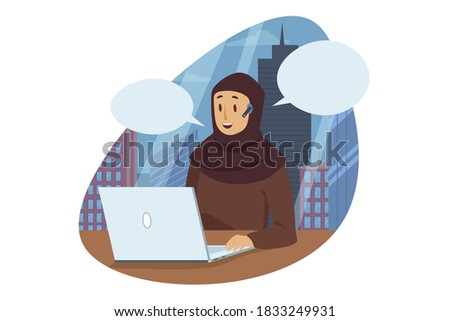 Business, work, communication concept. Smiling happy arabic businesswoman muslim manager cartoon character sitting at laptop in modern office wearing traditional hijab. Working process illustration.