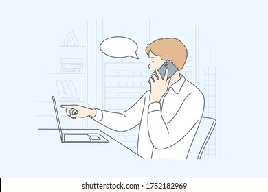 Business, work, communication, discussion concept. Businessman boy clerk manager freelancer working online behind laptop in office speaking on mobile phone. Remote job at home workplace illustration.