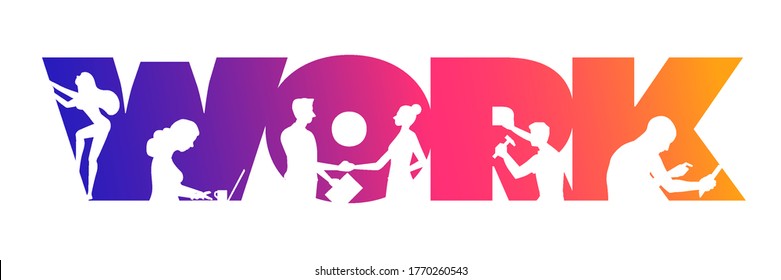 Diseño de concepto de trabajo de negocios. Silhouette de trabajo usando laptops, manos temblorosas, mirando al futuro, trepando y sosteniendo una caja en la colorida palabra 'TRABAJO'. Ilustración vectorial.