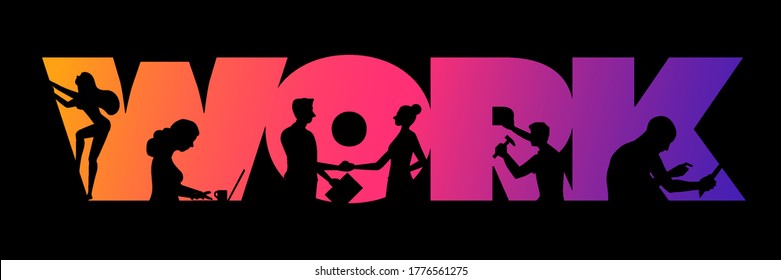 Business work concept design. Working silhouette people using laptops, shaking hands, looking future, climbing and holding box in the colorful 'WORK' word. Vector illustration.