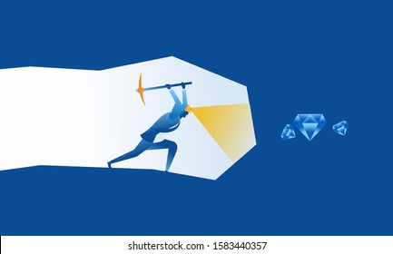 Business work concept illustration about hard work businessman digging diamond treasure profit